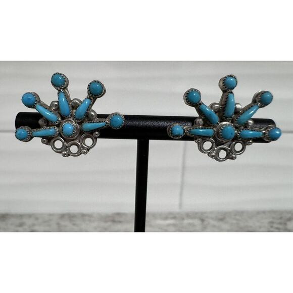 Vintage Sterling Silver Zuni Petit Point Turquoise Starburst Earrings - Picture 2 of 5